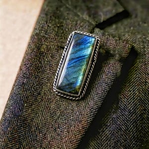 Può includere: Un anello rettangolare in argento con una pietra di labradorite iridescente. La pietra mostra sfumature di blu, verde e giallo. L'anello ha un bordo a corda intrecciata ed è posto su un tessuto verde scuro strutturato.