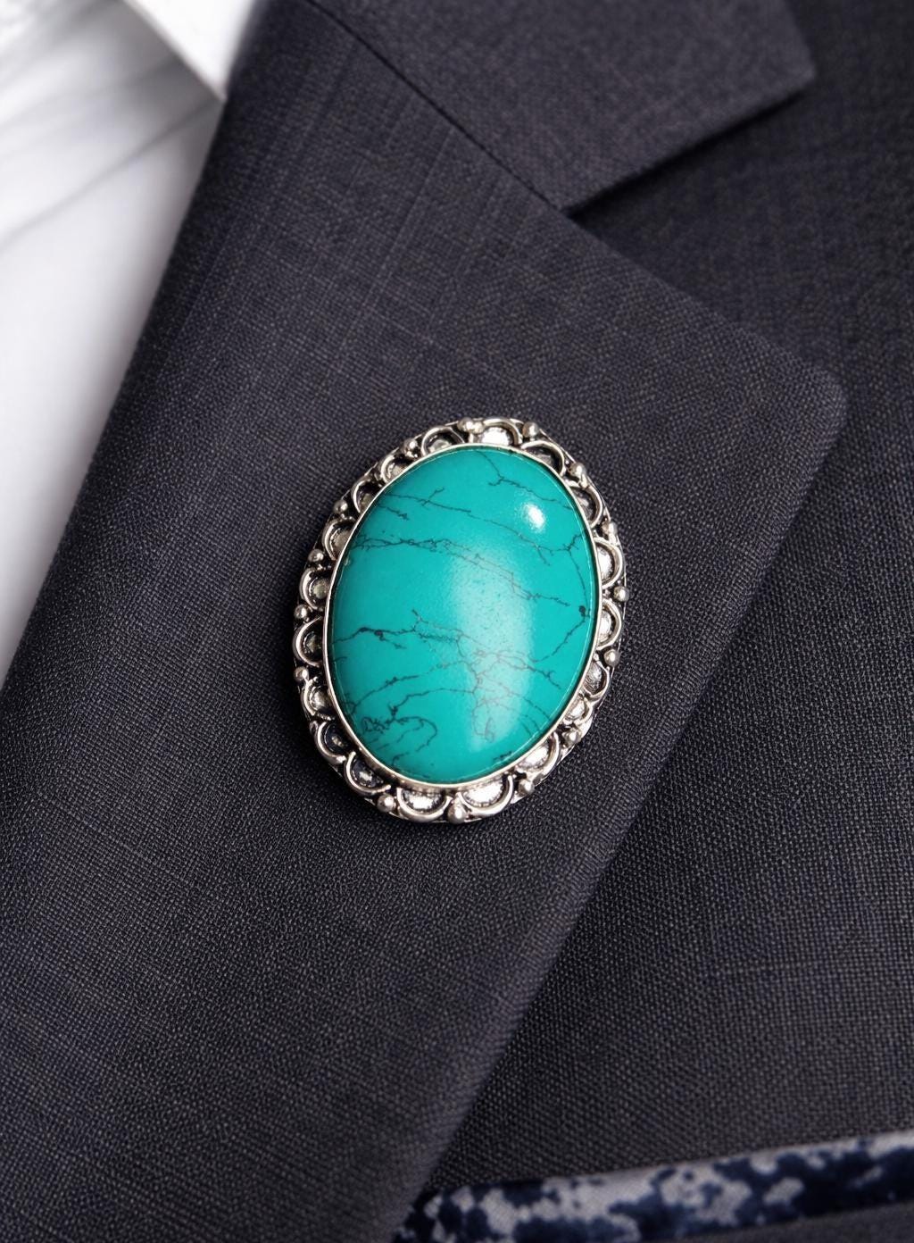 Natural Turquoise Gemstone Brooch Pin, Handmade, Unisex Brooch, Oval Shape, Cloth Pin, Blazer & Kurti Brooch, Unique Brooch, Partywear Brooch