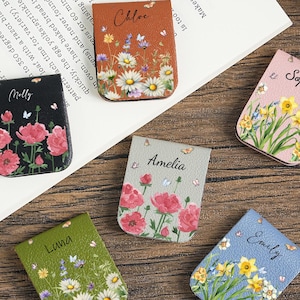 Personligt magnetiskt läderbokmärke för mamma, mors dag-present till mamma, bokmärke med namn från vildblomma, personlig läsarpresent, present till bokälskare