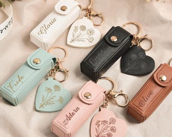 Aangepaste geboortebloem lippenstift sleutelhanger hoesje met spiegel, cadeau bruidsmeisje, PU-lederen lippenbalsemetui, huwelijks-/verjaardagscadeau, Moederdagcadeau