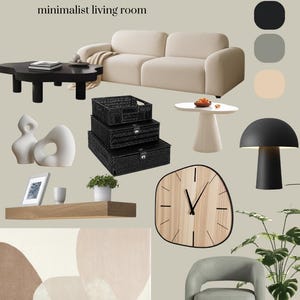 Tablero de inspiración para una sala de estar de serena simplicidad