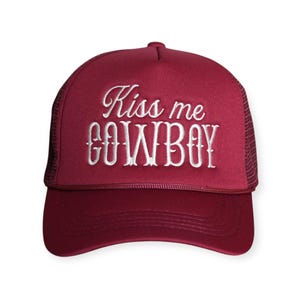Kiss Me Cowboy Trucker Hat – Embroidered Snapback | Western Statement Hat | Unisex Cap | Multiple Colors Available