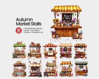 Autumn Market Stalls Clipart Bundle: Cozy Fall Vendor Booths (PNG Digital Download)