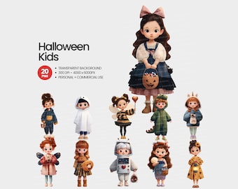 Könnte beinhalten: Aquarellillustrationen von Kindern in Halloween-Kostümen. Das Bild zeigt ein Mädchen mit einem Kürbis-Korb und andere Kinder, die sich als Geist, Biene, Dinosaurier und Astronaut verkleidet haben. Der Text "Halloween Kids" steht oben.