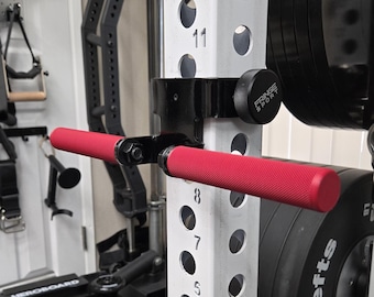 May include: A black metal gym attachment with two horizontal red knurled handles mounted to a white vertical power rack post. The attachment features a circular black knob with the text Fringe Sport printed in white on the side.