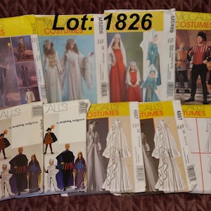May include: A collection of ten McCall's Costumes sewing patterns arranged in two rows. The envelopes feature illustrations of various historical and fantasy outfits, including robes, gowns, and tunics. The text Lot: 1826 is printed at the top center.