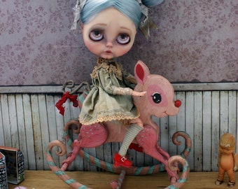 Wooden rocking deer, Decorative art, Kids' Rooms decoration, Blythe doll ~ Bambi ~  Pink edition  PRE-ORDER