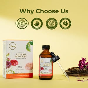 Puede incluir: Una botella de vidrio &aacute;mbar y una caja de aceite de onagra Ace. La botella tiene un cuentagotas y una etiqueta con el texto "100% Natural". La caja y la botella presentan ilustraciones florales y las palabras "Evening Primrose".