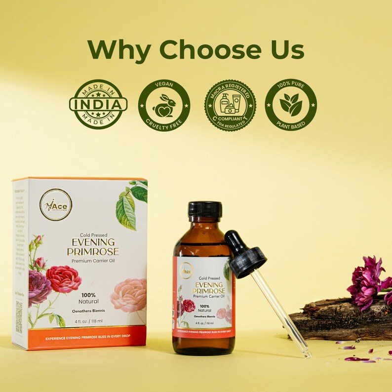 Puede incluir: Una botella de vidrio &aacute;mbar y una caja de aceite de onagra Ace. La botella tiene un cuentagotas y una etiqueta con el texto "100% Natural". La caja y la botella presentan ilustraciones florales y las palabras "Evening Primrose".