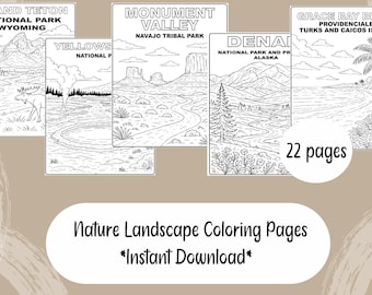 May include: A collection of black and white nature landscape coloring pages featuring scenes from national parks and beaches. The pages include text such as "Grand Teton National Park Wyoming" and "Monument Valley Navajo Tribal Park". The image also includes the text "22 pages" and "Instant Download".