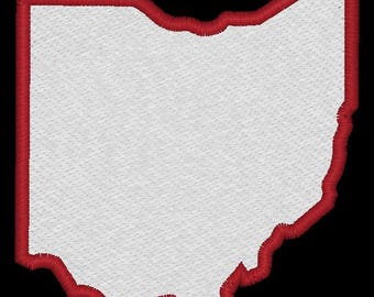 May include: Embroidered patch in the shape of Ohio, featuring a white interior and a vibrant red border. The patch is set against a black background, highlighting the state's outline. This patch is ideal for adding to clothing or accessories.