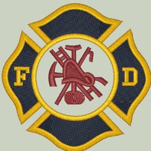 May include: Embroidered firefighter Maltese cross emblem. The navy blue cross has gold trim and the letters "F" and "D". A red emblem with tools is in the center. This patch is a symbol of the fire department.