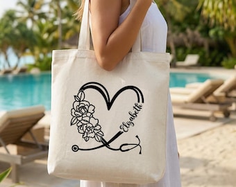Sac fourre-tout personnalisé pour infirmière, sac stéthoscope floral nom personnalisé, cadeau RN, sac de travail de tous les jours, cadeau école de médecine