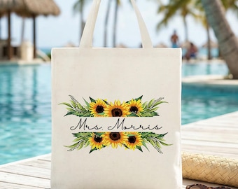 Custom Name Sunflower Tote Bag Personalized Bridesmaid Gift Botanical Canvas Shopping Bag for Teacher Mother Gift