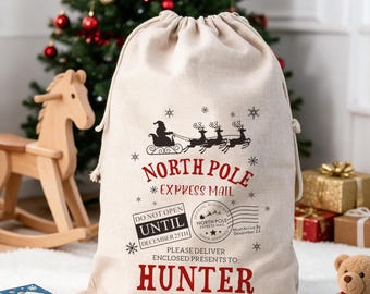 Personalized Christmas Gift Bag, Reusable Cotton Linen Drawstring Sack, Custom Holiday Gift Wrap Bag, Santa Present Bag, Xmas Keepsake Bag