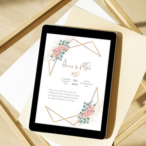 Faire-part de mariage modifiable sur toile - recto-verso romantique et bohème avec des éléments dorés et des fleurs