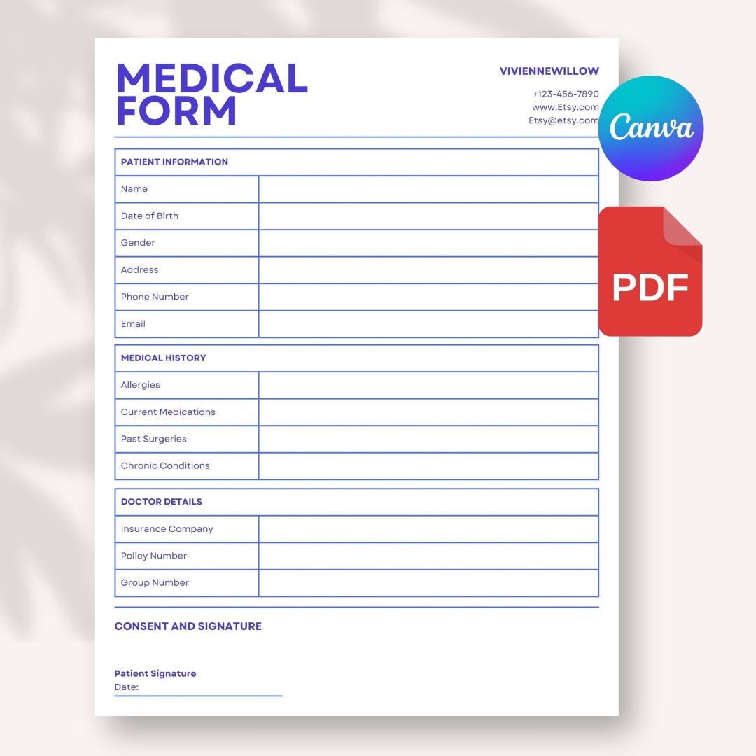 Medical Inpatient Form Medical Form Template | Editable Patient Intake Form | Canva Template ...