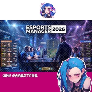 Puede incluir: Un gráfico digital para Esports Manager 2026 que muestra una escena de torneo de juegos con jugadores y un entrenador, con el texto Jink Gamestore y una ilustración de un personaje de pelo azul y ojos rosas en las esquinas superior e inferior.