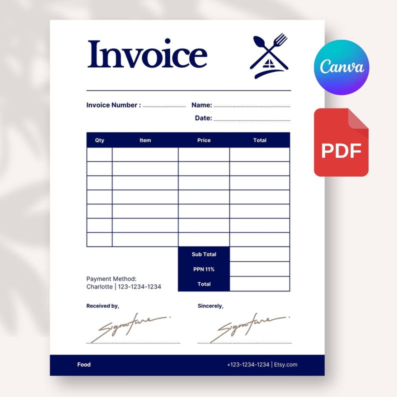 Editable Food Invoice Template | Printable Restaurant Bill | A4-US ...