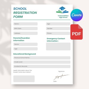 Schule-Anmeldeformular-Vorlage | Bearbeitbarer Canva Studenten-Einschreibebogen | Akademische - Notfall Info | A4 & US Letter | Sofort Download