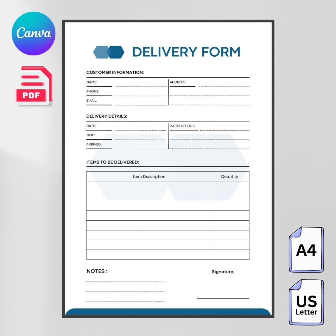Delivery Form Template Canva A4 & US Letter | Minimalist Delivery Note ...