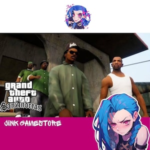 Può includere: Una grafica digitale che presenta il logo di Grand Theft Auto San Andreas, tre personaggi in camicia verde con un berretto e un'illustrazione stilizzata di un personaggio dai capelli blu e occhi rosa. Il testo JINK GAMESTORE appare in bianco.