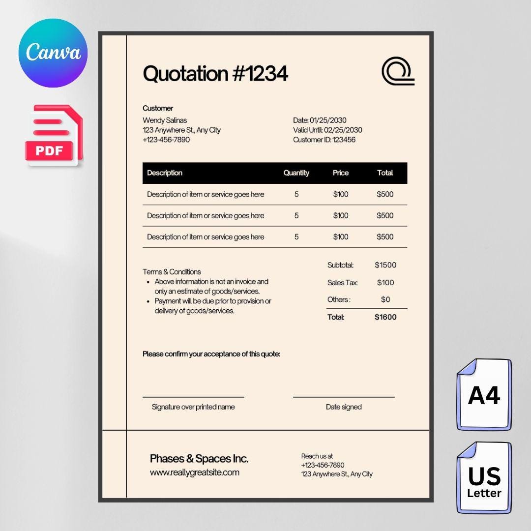 Quotation A4 Example Quotation Template Canva A4 & US Letter | Minimal Quote Template ...
