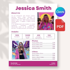 Kit de medios y tarjeta de tarifas para influencers creativos / Diseño vibrante y editable con estilo de collage artístico para marcas personales coloridas / Tamaño carta A4 (EE. UU.)