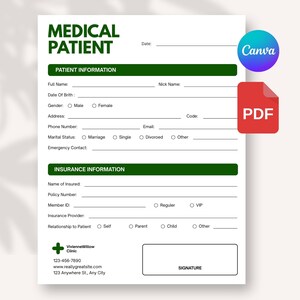 Sjabloon intakeformulier medische patiënt | Bewerkbaar Canva Clinic-registratieblad | Persoonlijk - verzekeringsinformatieformulier | A4 en US Letter