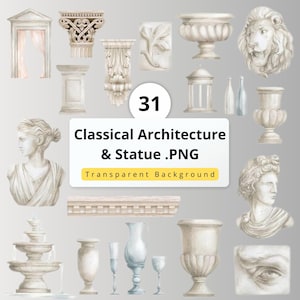 31 klassieke architectuur en standbeeld png-set | Buste, zuilen, sculpturen, antiek