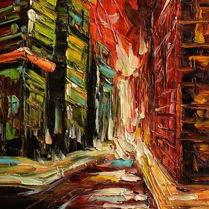 Perspective ORIGINAL Oil Painting Palette Knife Impasto Textured Cityscape  Buildings Colorful Ready to Hang Wall Decor Red ART by Marchella 