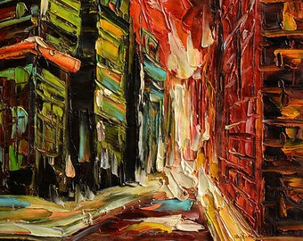 Lights ORIGINAL Oil Painting Palette Knife Impasto Textured Cityscape Buildings Colorful ready to hang wall decor Red ART by Marchella