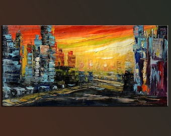 Skyline Painting ORIGINAL Oil Painting Palette Knife Impasto Textured Cityscape Buildings Colorful ready to hang wall decor ART by Marchella