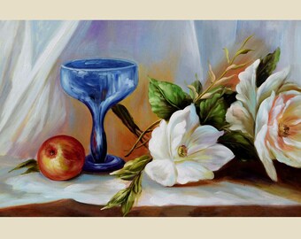 ORIGINAL Oil Painting Sunday Morning 36 x 23 Colorful Flower White Pink Red Apple Green Brown Realism Love  Romance Brush ART by Marchella