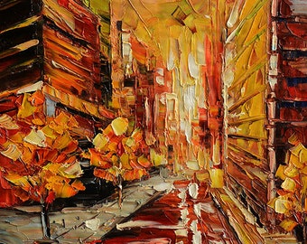 Perspective ORIGINAL Oil Painting Palette Knife Impasto Textured Cityscape  Buildings Colorful Ready to Hang Wall Decor Red ART by Marchella 