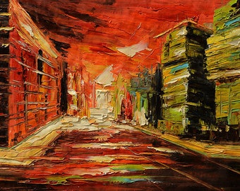 City ORIGINAL Oil Painting Palette Knife Impasto Textured Cityscape Buildings Colorful ready to hang wall decor Red ART by Marchella