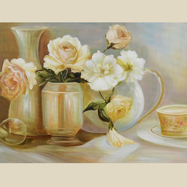 ORIGINAL Oil Painting Tea Time 36 x 23 Brush Flowers Vase Tea Roses Pale English  ART by Marchella