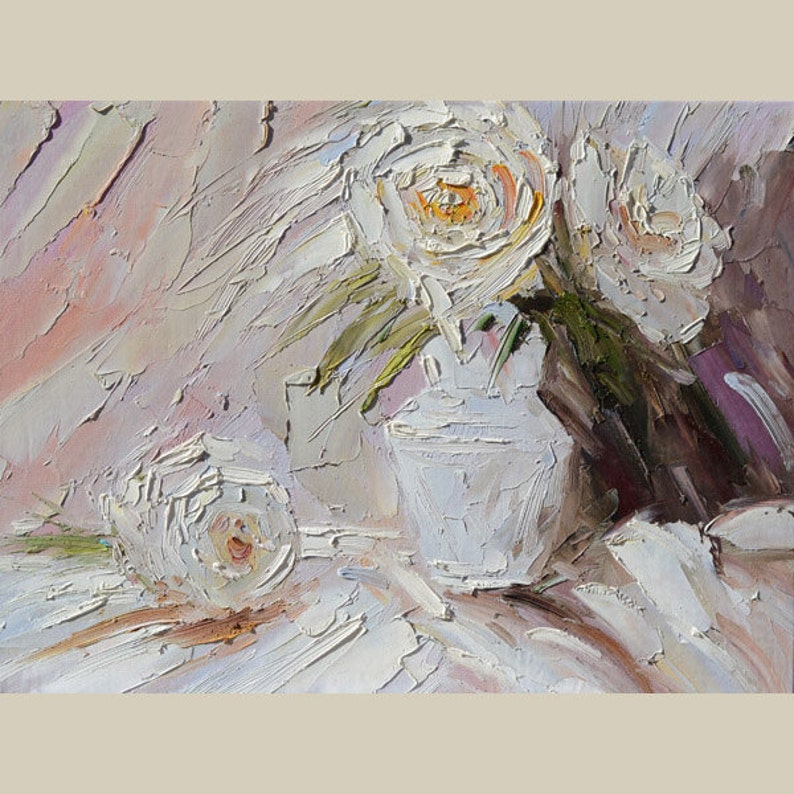 ORIGINAL Oil Painting fine art The One that got away 18x24 Palette Knife White Flower Bouquet Textured Vase Rose decor wall ART by Marchella image 1