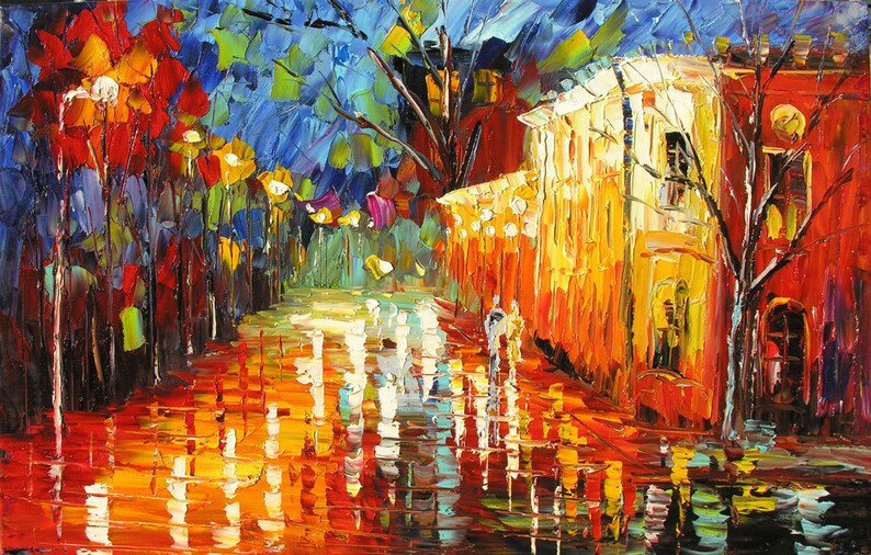 MADE2ORDER Original Oil Painting Palette Knife Cityscape Red Etsy