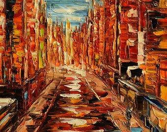 Red night ORIGINAL Oil Painting Palette Knife Impasto Textured Cityscape Buildings Colorful ready to hang wall decor Red ART by Marchella