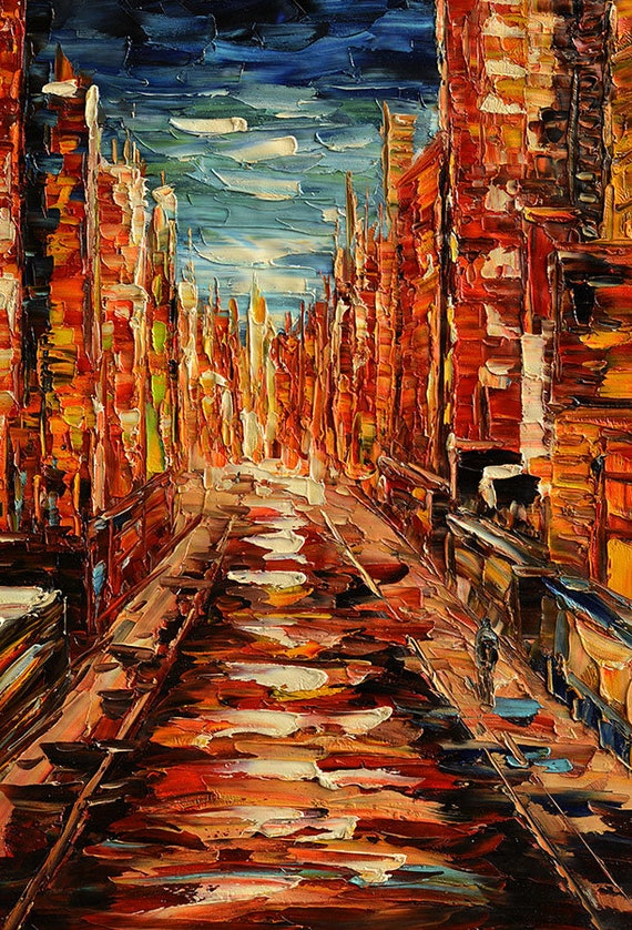 Red Night ORIGINAL Oil Painting Palette Knife Impasto Textured Cityscape  Buildings Colorful Ready to Hang Wall Decor Red ART by Marchella 