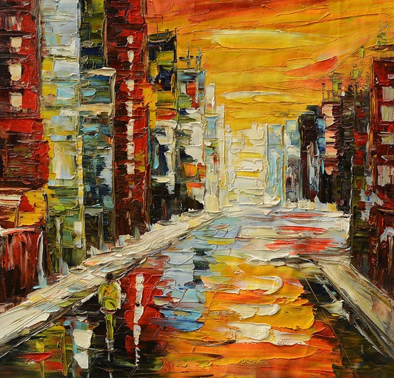 Perspective ORIGINAL Oil Painting Palette Knife Impasto Textured Cityscape  Buildings Colorful Ready to Hang Wall Decor Red ART by Marchella 