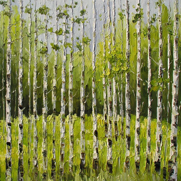 ORIGINAL Painting Oil PAlette Knife The Forest Keepers 23 x 36 Colorful Landscape Forest Trees White Birch Green Home decor ART by Marchella