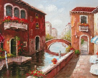 Original Oil Painting Italian MADE to ORDER Venice Canal Water Sunny Colorful Palette Knife handmade home decor big Texture ART by Marchella