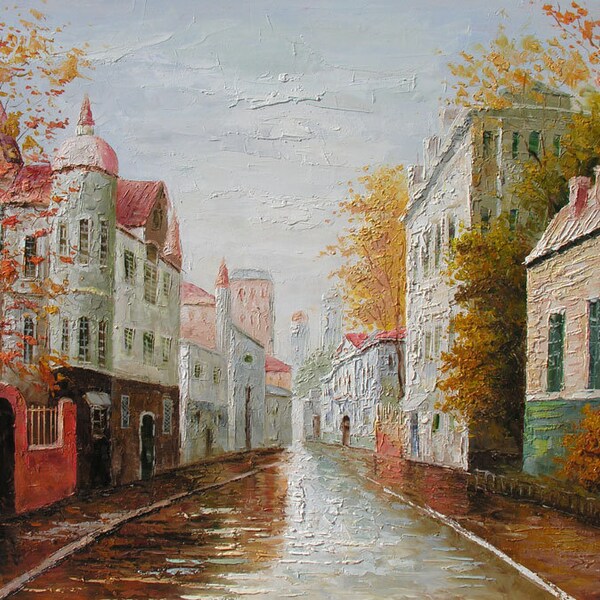 RESERVED FOR SCOTT  Street in an Old Town 40 x 30 Original Oil Painting Town Old Huge Impressionism Street House Rainy  by Marchella