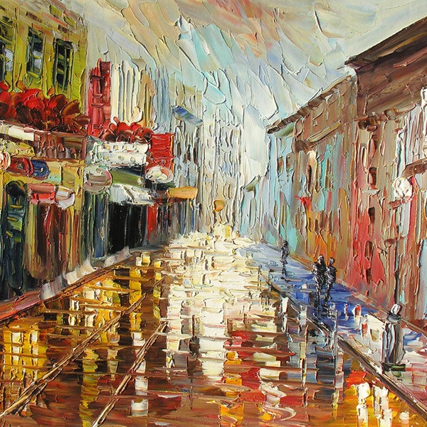 ORIGINAL Oil Painting After The Rain 23x30 Cityscape Colorful Rain Reflection Street Textured Red Yellow Foggy  ART by Marchella