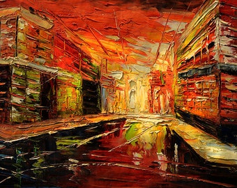 Red Night ORIGINAL Oil Painting Palette Knife Impasto Textured Cityscape Buildings Colorful ready to hang wall decor Red ART by Marchella
