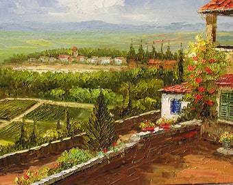 PRINT on Canvas of Original Landscape Painting By Marchella Italian Village Sunny Hill Countryside Field Wall Art Modern