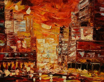 Hot Summer Evening Oil Painting Palette Knife Impasto Textured Cityscape Buildings Colorful ready to hang wall decor Red ART by Marchella