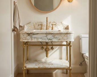 Calacatta Gold Polished Wall Mounted Marble Sink with Backsplash and Metal Legs for Custom Bathroom Vanity